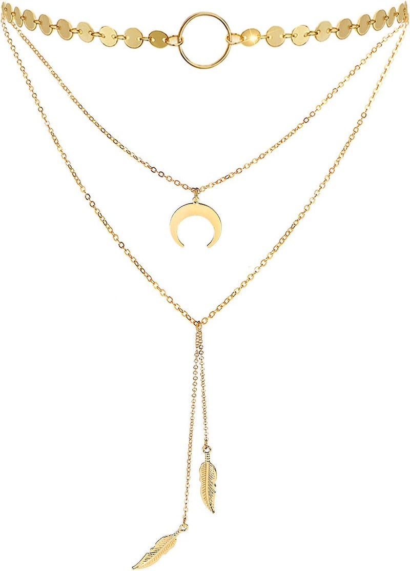 Suyi Stylish Layered Sequins Choker Necklace with Thin Long Chian Pendant for Women Lady - Image 1
